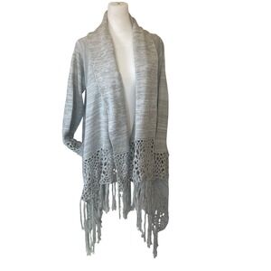 Versona Women Crochet Fringe Space Dye Wrap Cardigan L Grey Boho Coastal Grandma